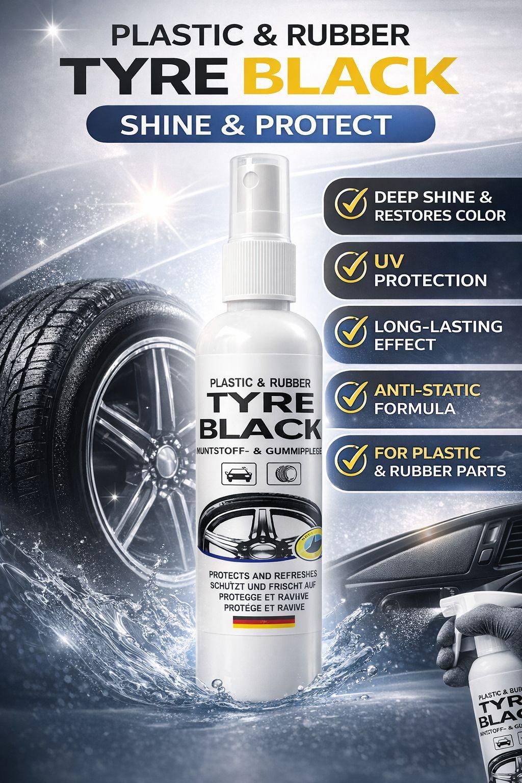 Plastic & Rubber Tyre Shine Protector Spray 100ml | Long-Lasting Gloss & UV Protection